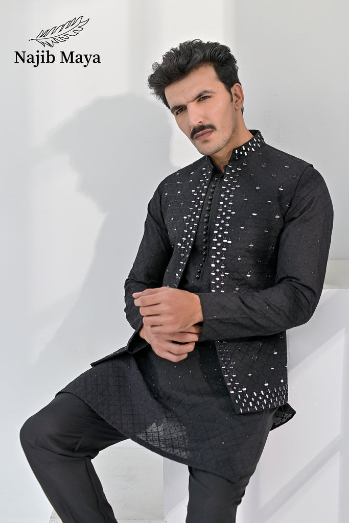 Black Embroidery + Mirror Work Waist Coat & Black Embroidery Kurta Pajama For Men's