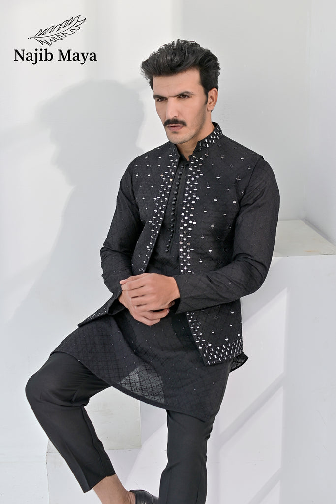 Black Embroidery + Mirror Work Waist Coat & Black Embroidery Kurta Pajama For Men's