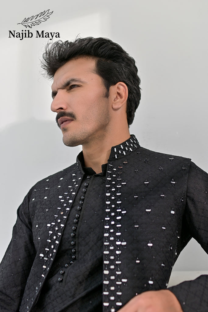 Black Embroidery + Mirror Work Waist Coat & Black Embroidery Kurta Pajama For Men's