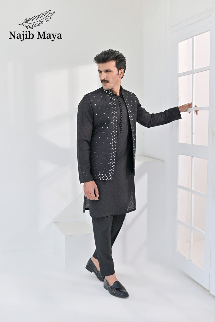 Black Embroidery + Mirror Work Waist Coat & Black Embroidery Kurta Pajama For Men's