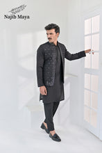 Load image into Gallery viewer, Black Embroidery + Mirror Work Waist Coat &amp; Black Embroidery Kurta Pajama For Men&#39;s