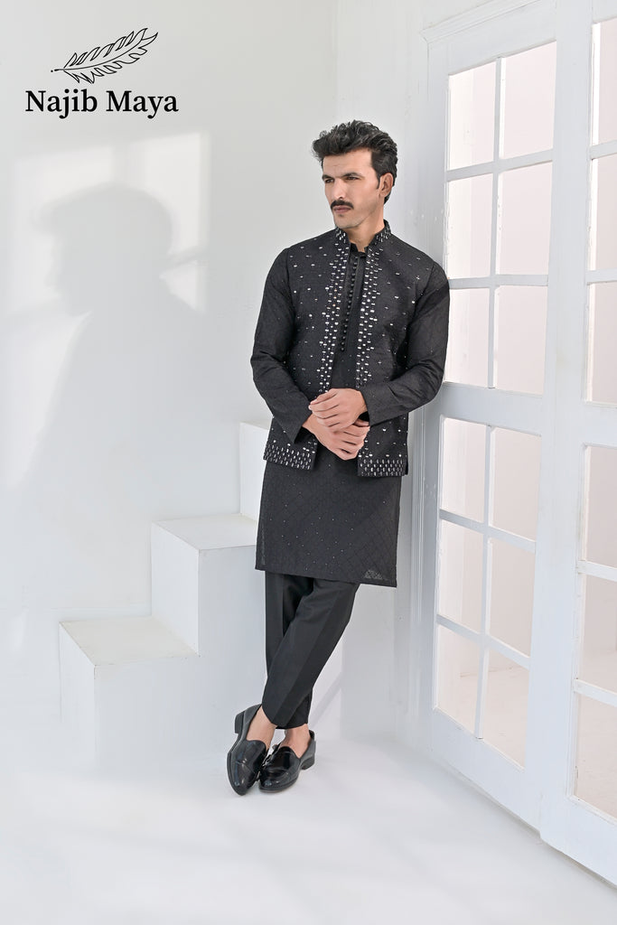 Black Embroidery + Mirror Work Waist Coat & Black Embroidery Kurta Pajama For Men's