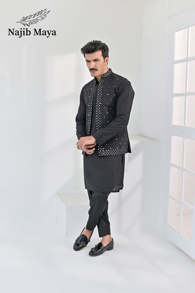 Black Embroidery + Mirror Work Waist Coat & Black Embroidery Kurta Pajama For Men's