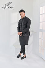 Load image into Gallery viewer, Black Embroidery + Mirror Work Waist Coat &amp; Black Embroidery Kurta Pajama For Men&#39;s