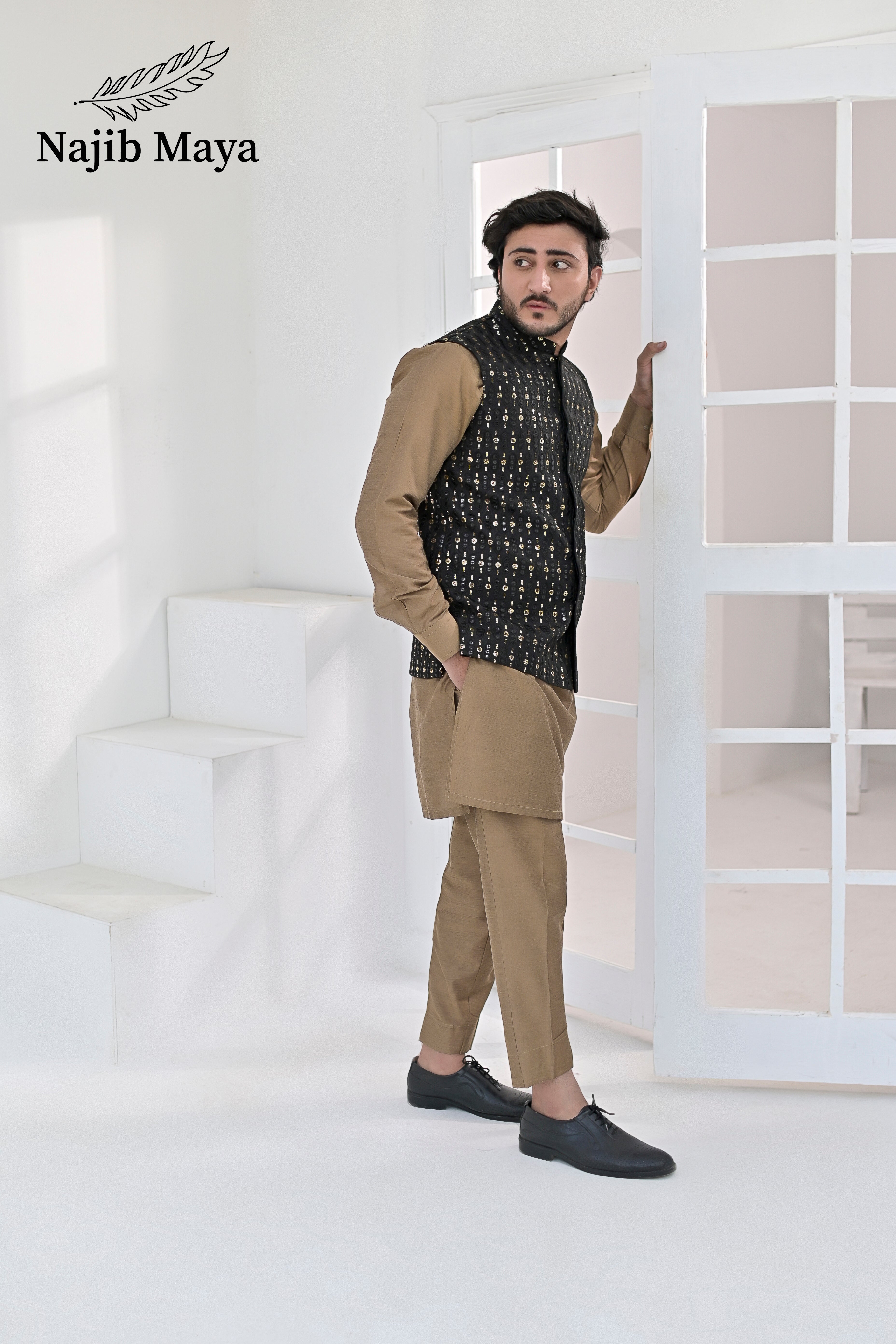 Black Golden Embroidery Waist Coat & Beige Kurta Pajama For Men's