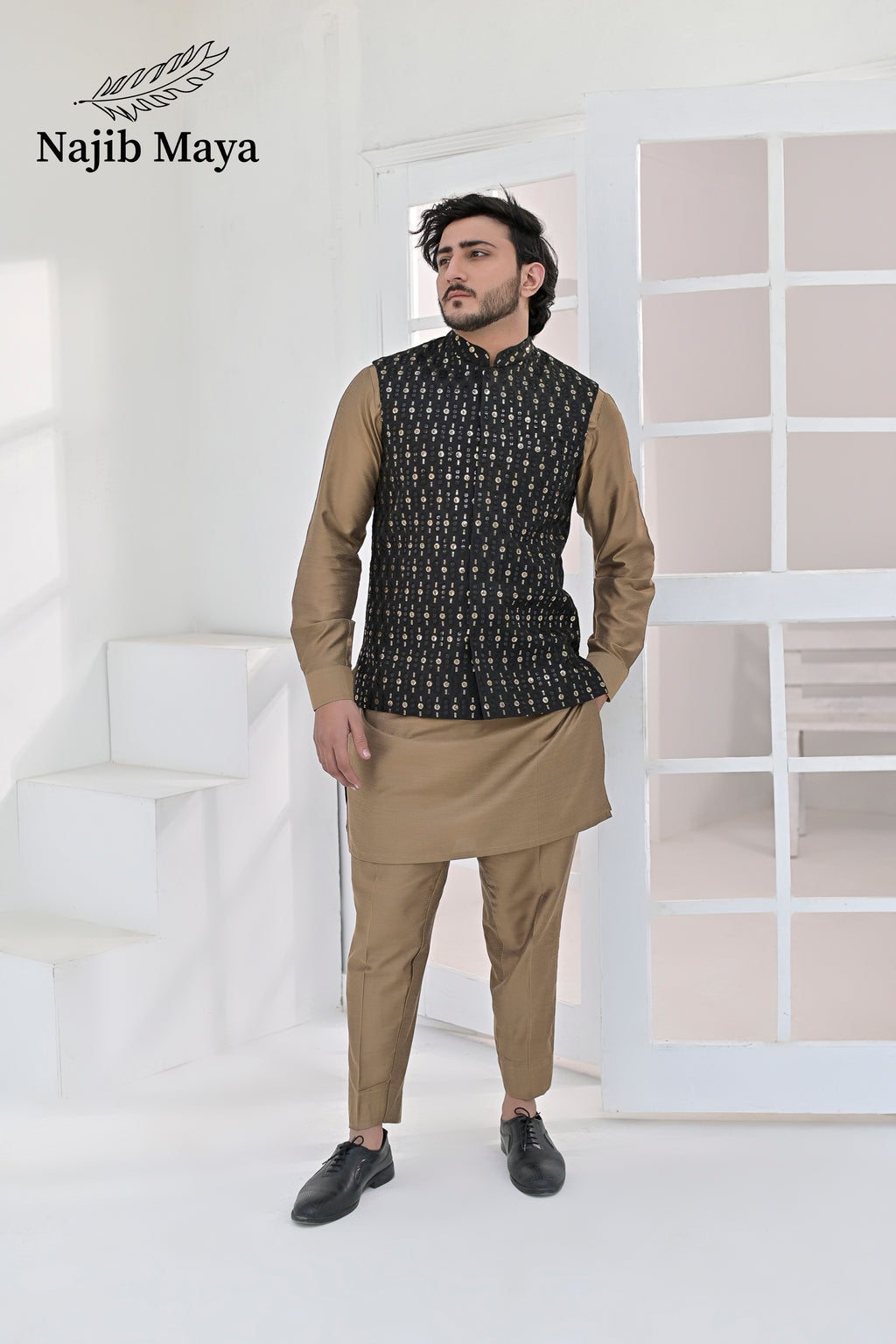 Black Golden Embroidery Waist Coat & Beige Kurta Pajama For Men's