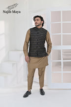 Black Golden Embroidery Waist Coat & Beige Kurta Pajama For Men's