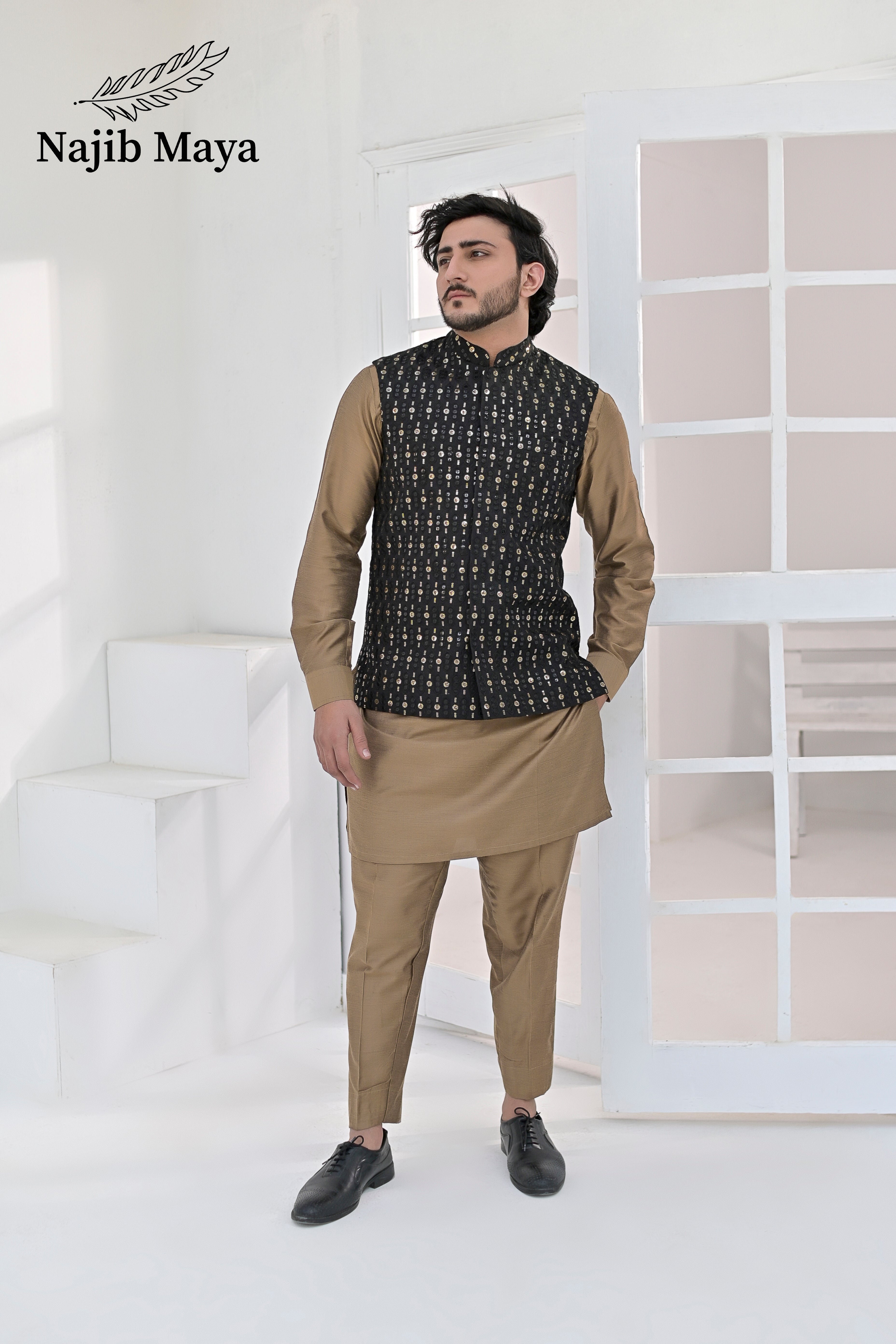 Black Golden Embroidery Waist Coat & Beige Kurta Pajama For Men's