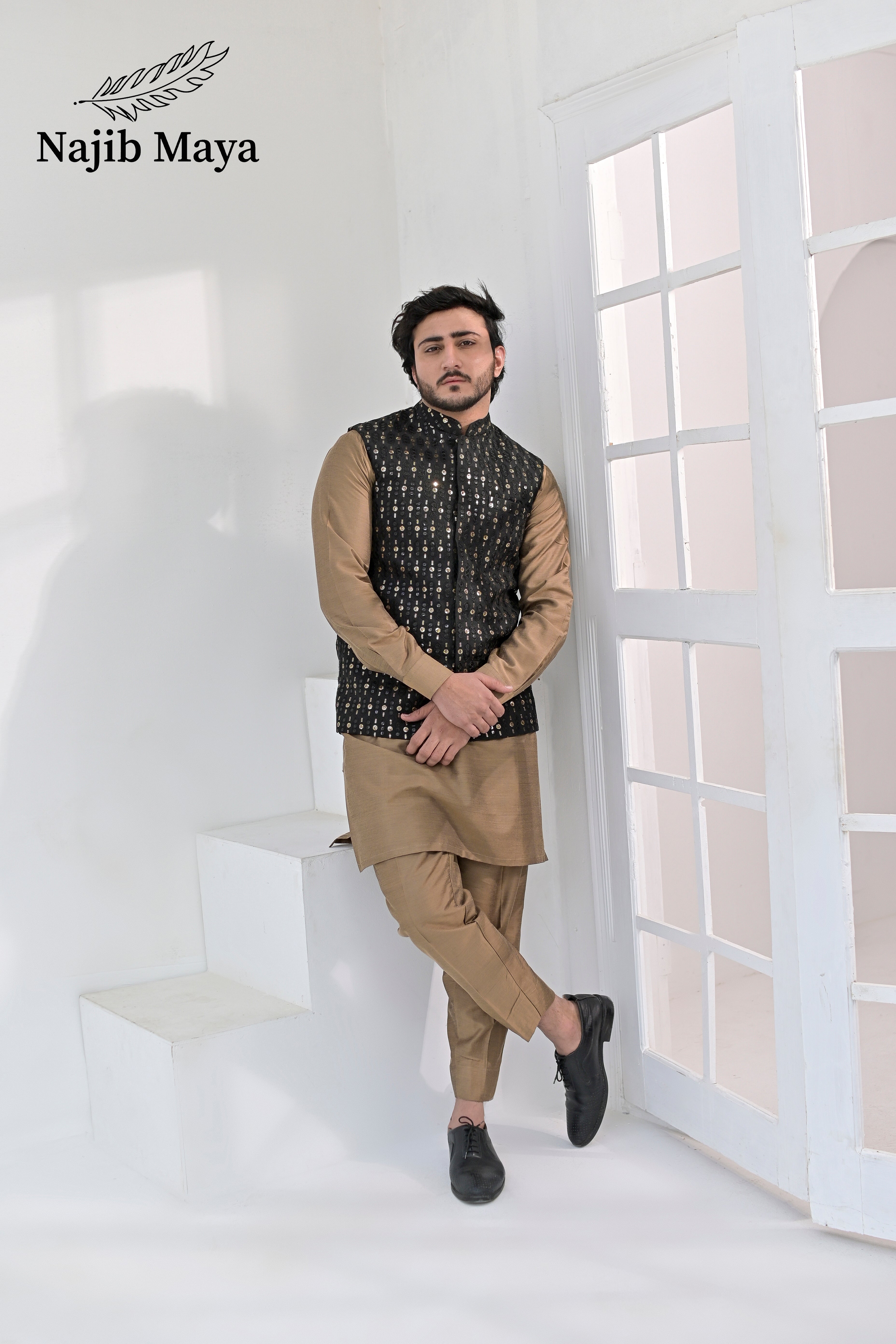 Black Golden Embroidery Waist Coat & Beige Kurta Pajama For Men's Main image