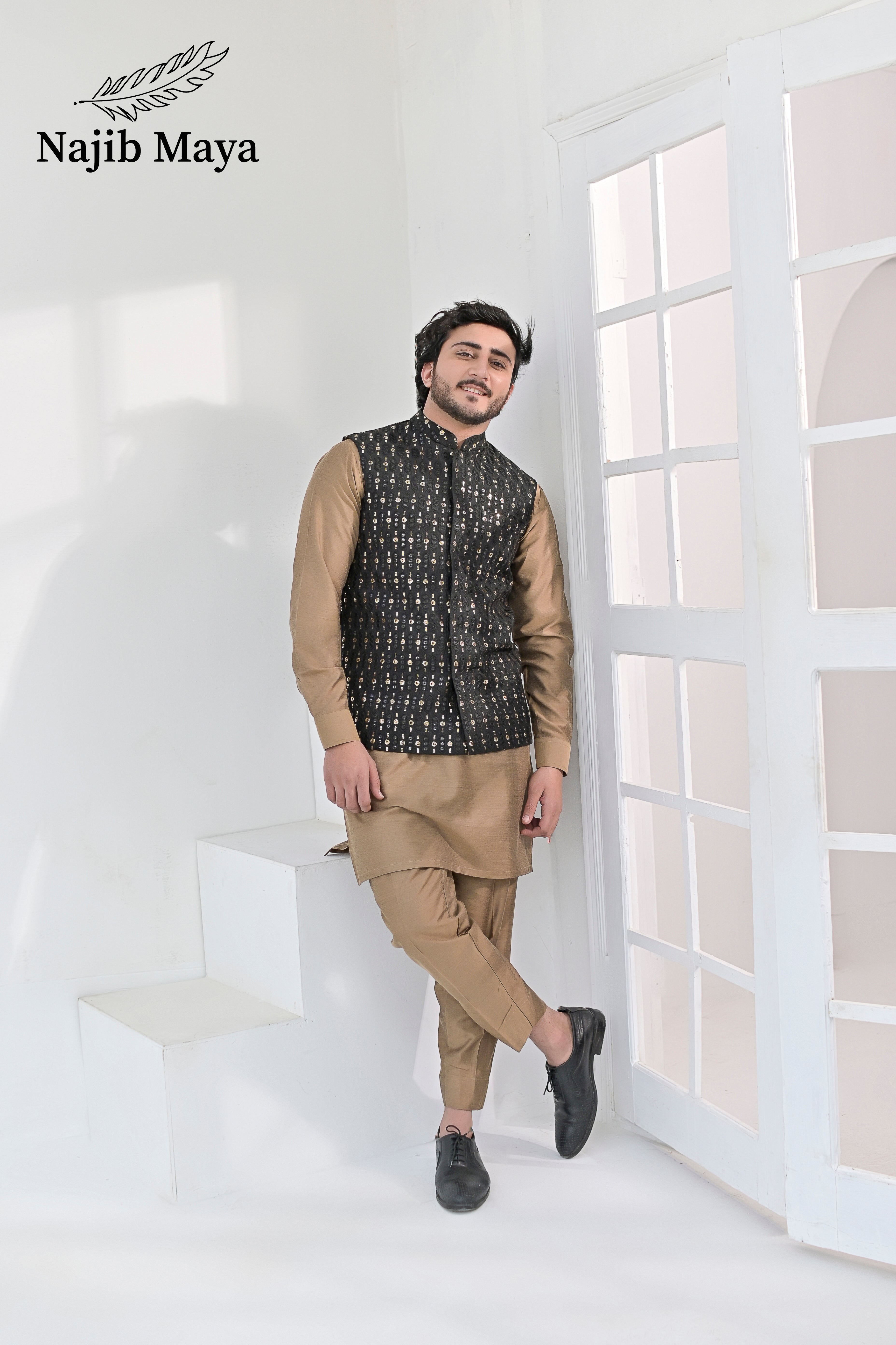 Black Golden Embroidery Waist Coat & Beige Kurta Pajama For Men's