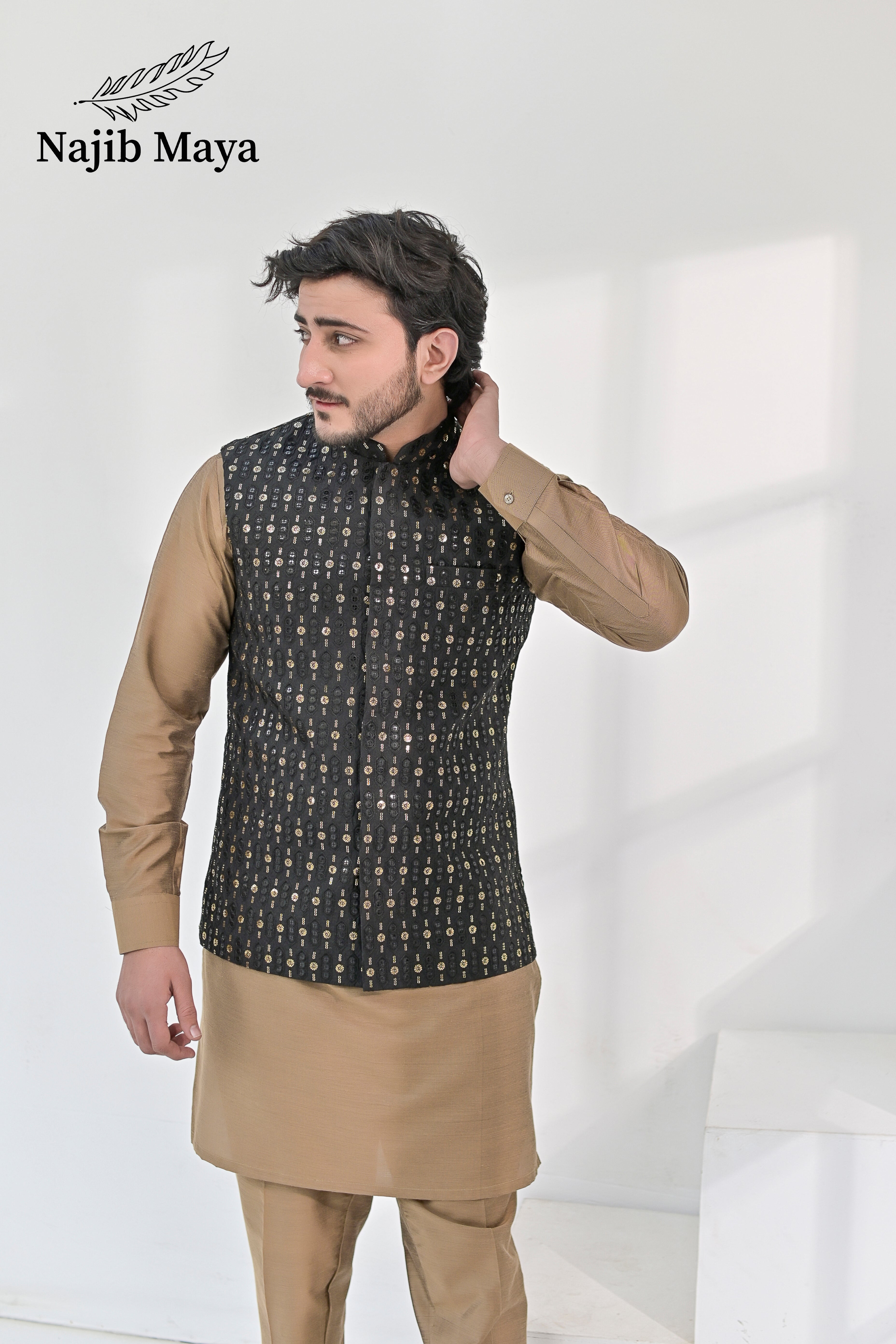Black Golden Embroidery Waist Coat & Beige Kurta Pajama For Men's