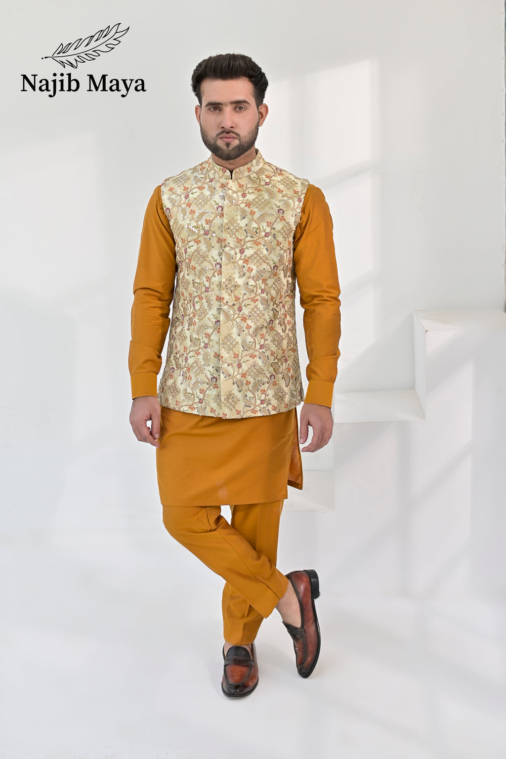 Mate Gold Multi Embroidery Waist Coat & Mustard Kurta Pajama For Men's