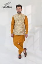 Mate Gold Multi Embroidery Waist Coat & Mustard Kurta Pajama For Men's
