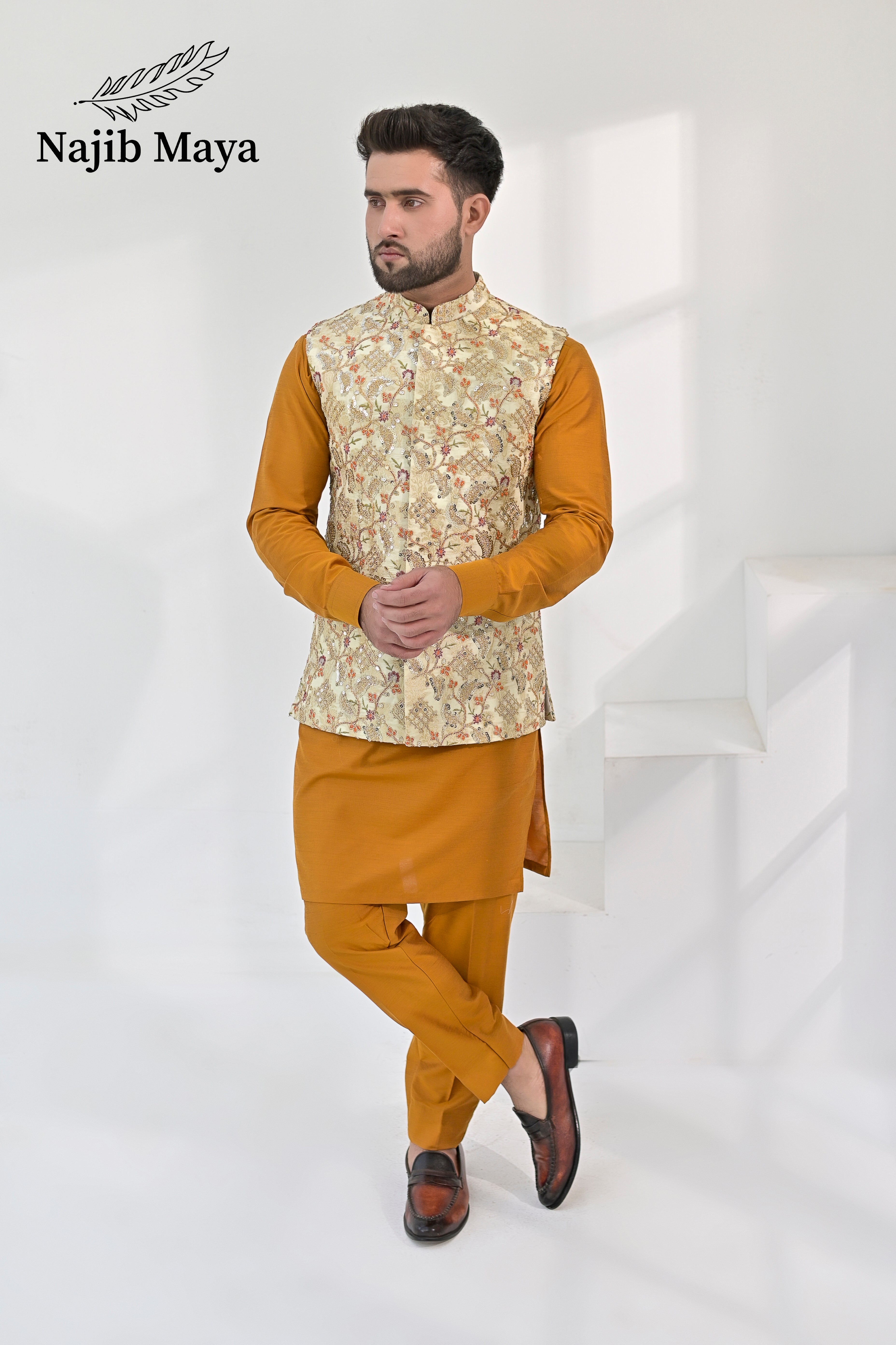 Mate Gold Multi Embroidery Waist Coat & Mustard Kurta Pajama For Men's Main image
