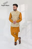Mate Gold Multi Embroidery Waist Coat & Mustard Kurta Pajama For Men's