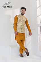 Mate Gold Multi Embroidery Waist Coat & Mustard Kurta Pajama For Men's