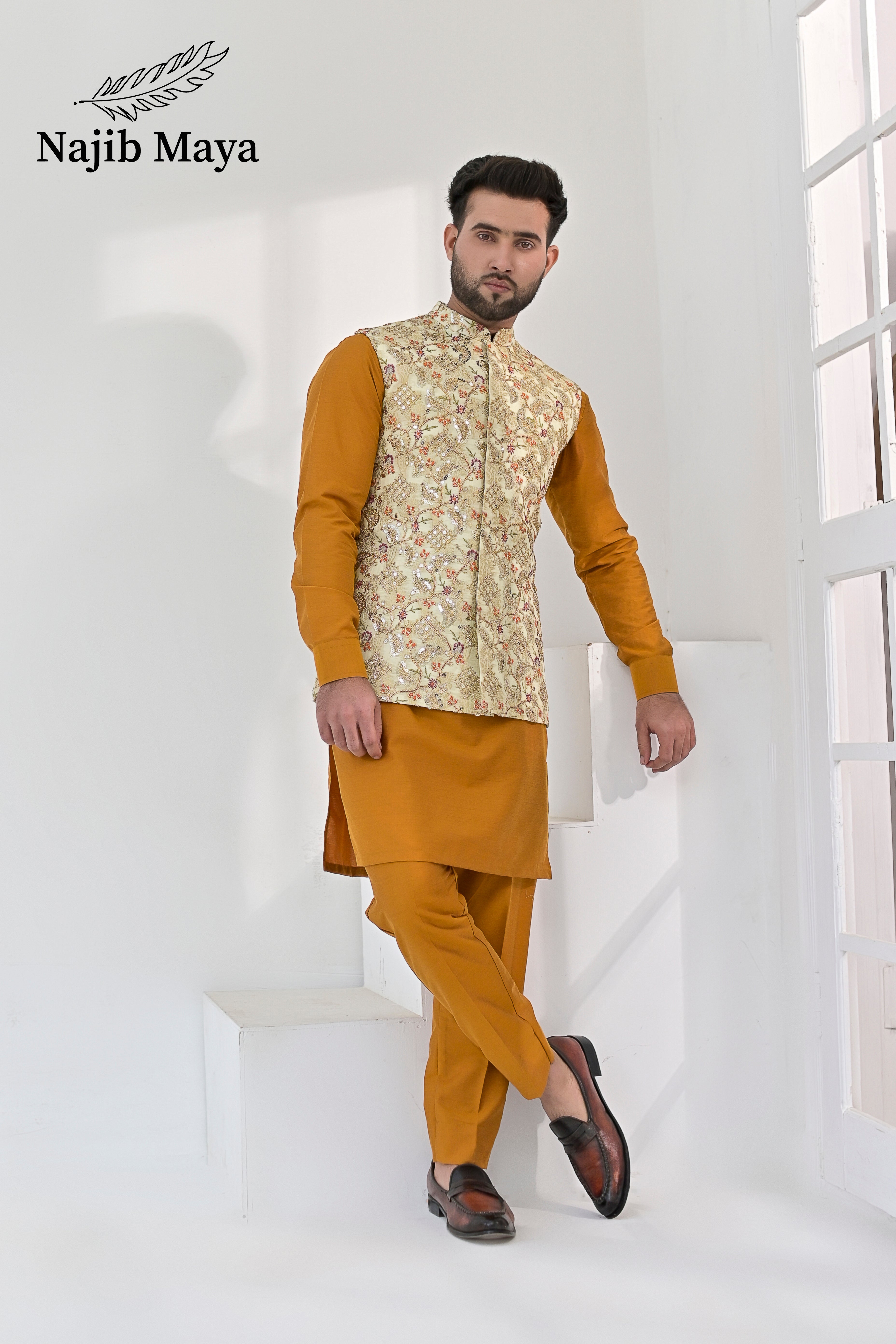 Mate Gold Multi Embroidery Waist Coat & Mustard Kurta Pajama For Men's