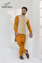 Mate Gold Multi Embroidery Waist Coat & Mustard Kurta Pajama For Men's