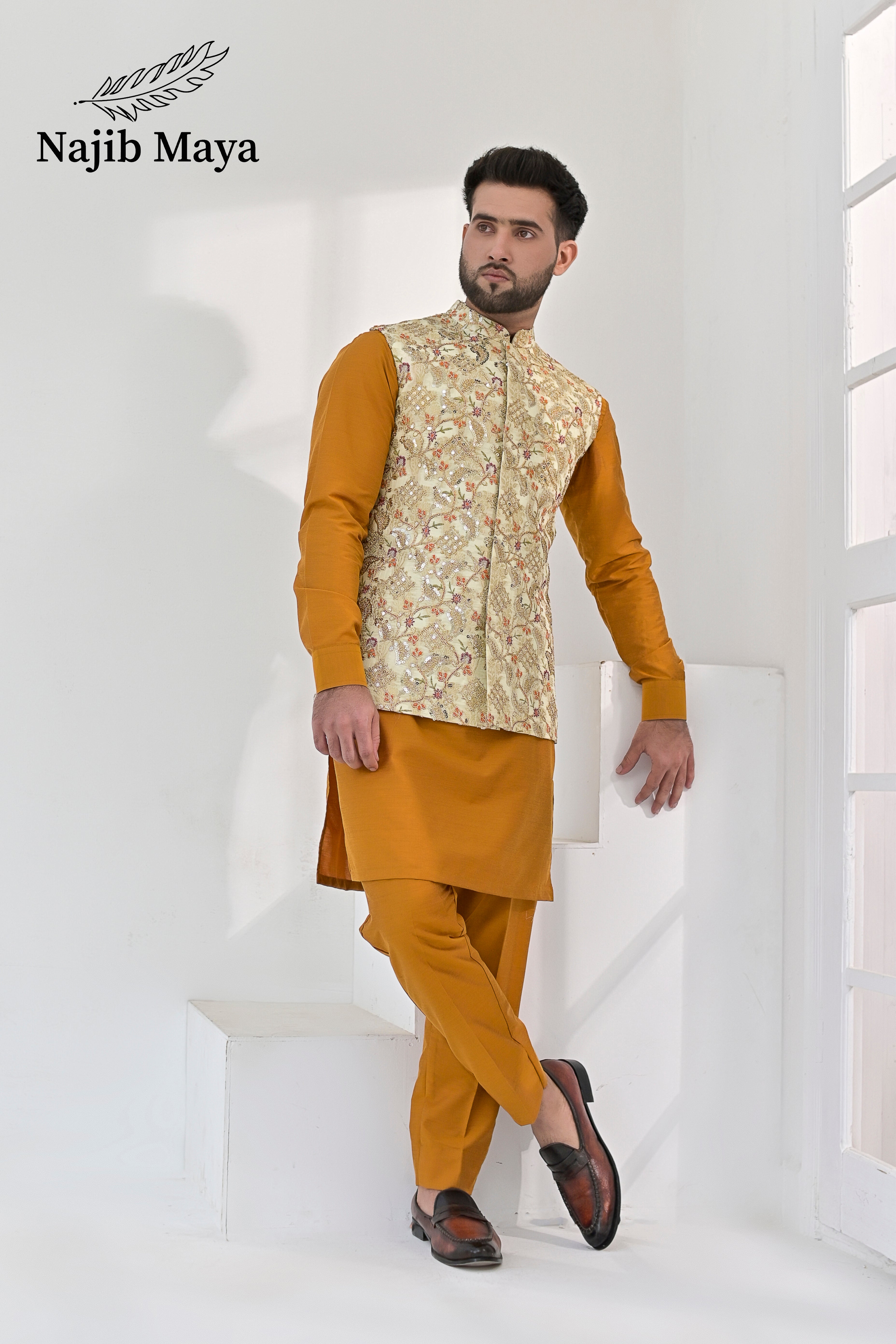 Mate Gold Multi Embroidery Waist Coat & Mustard Kurta Pajama For Men's