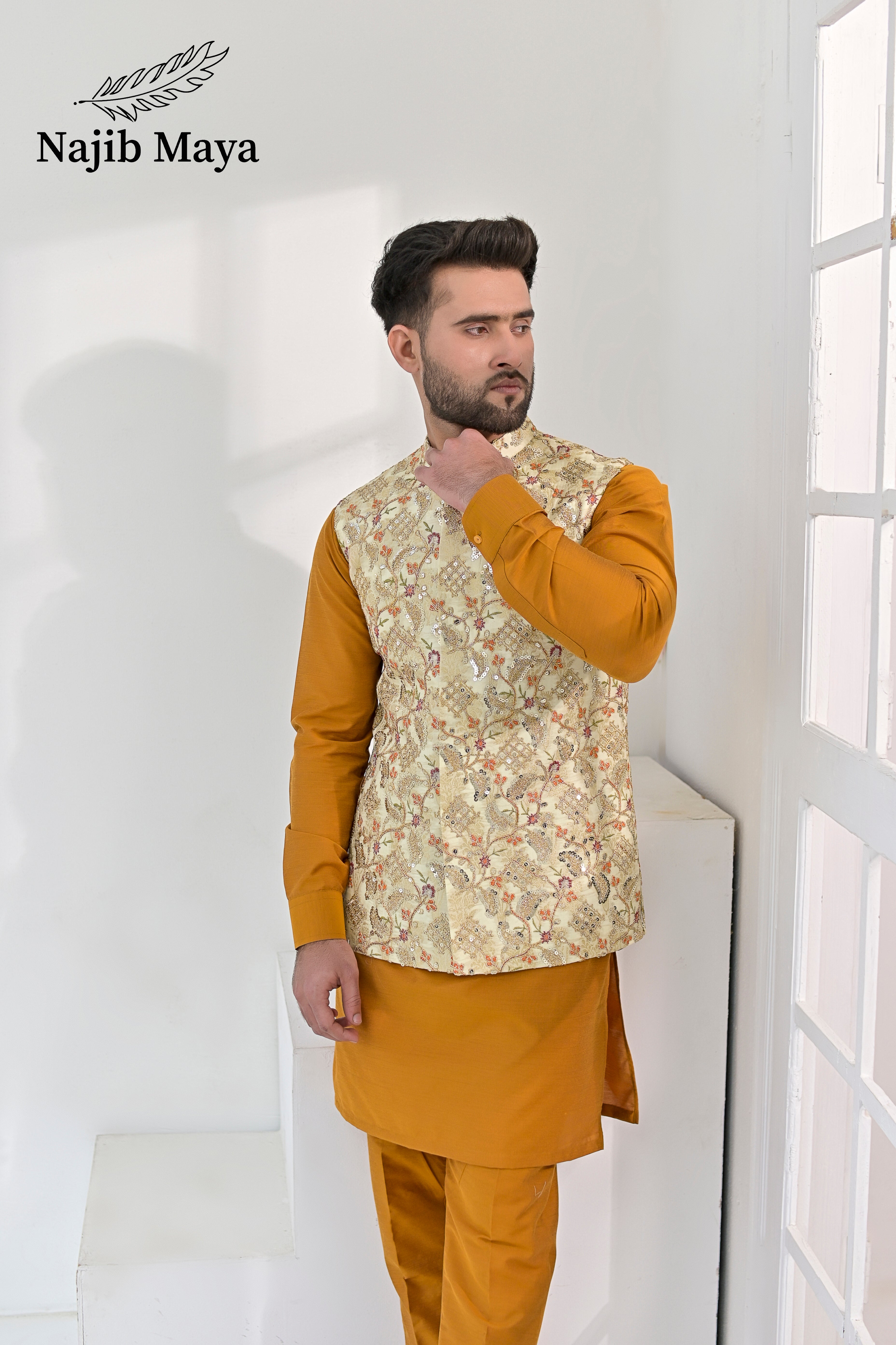 Mate Gold Multi Embroidery Waist Coat & Mustard Kurta Pajama For Men's Secondary image