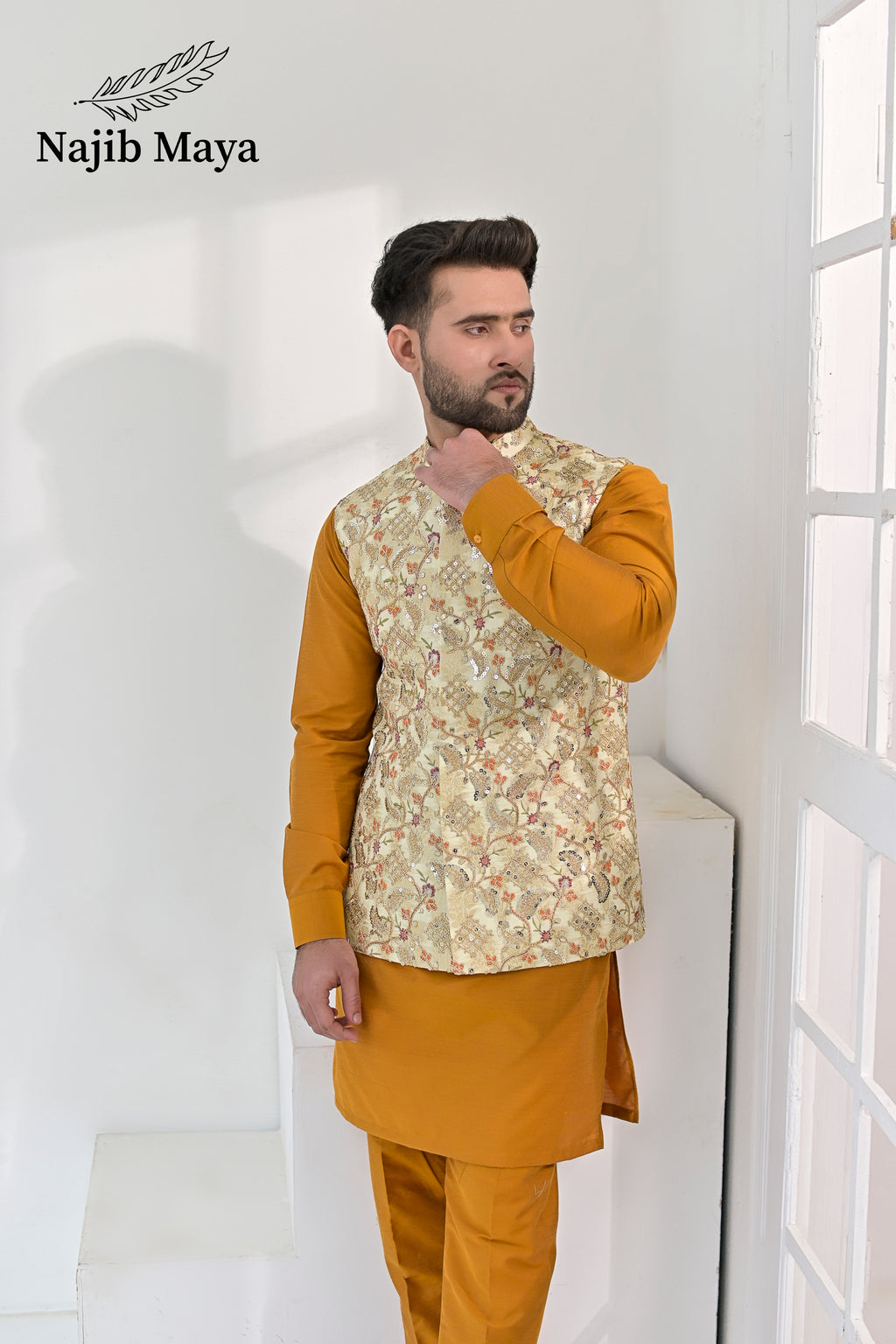Mate Gold Multi Embroidery Waist Coat & Mustard Kurta Pajama For Men's