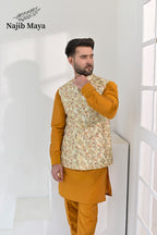 Mate Gold Multi Embroidery Waist Coat & Mustard Kurta Pajama For Men's