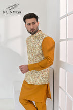 Mate Gold Multi Embroidery Waist Coat & Mustard Kurta Pajama For Men's