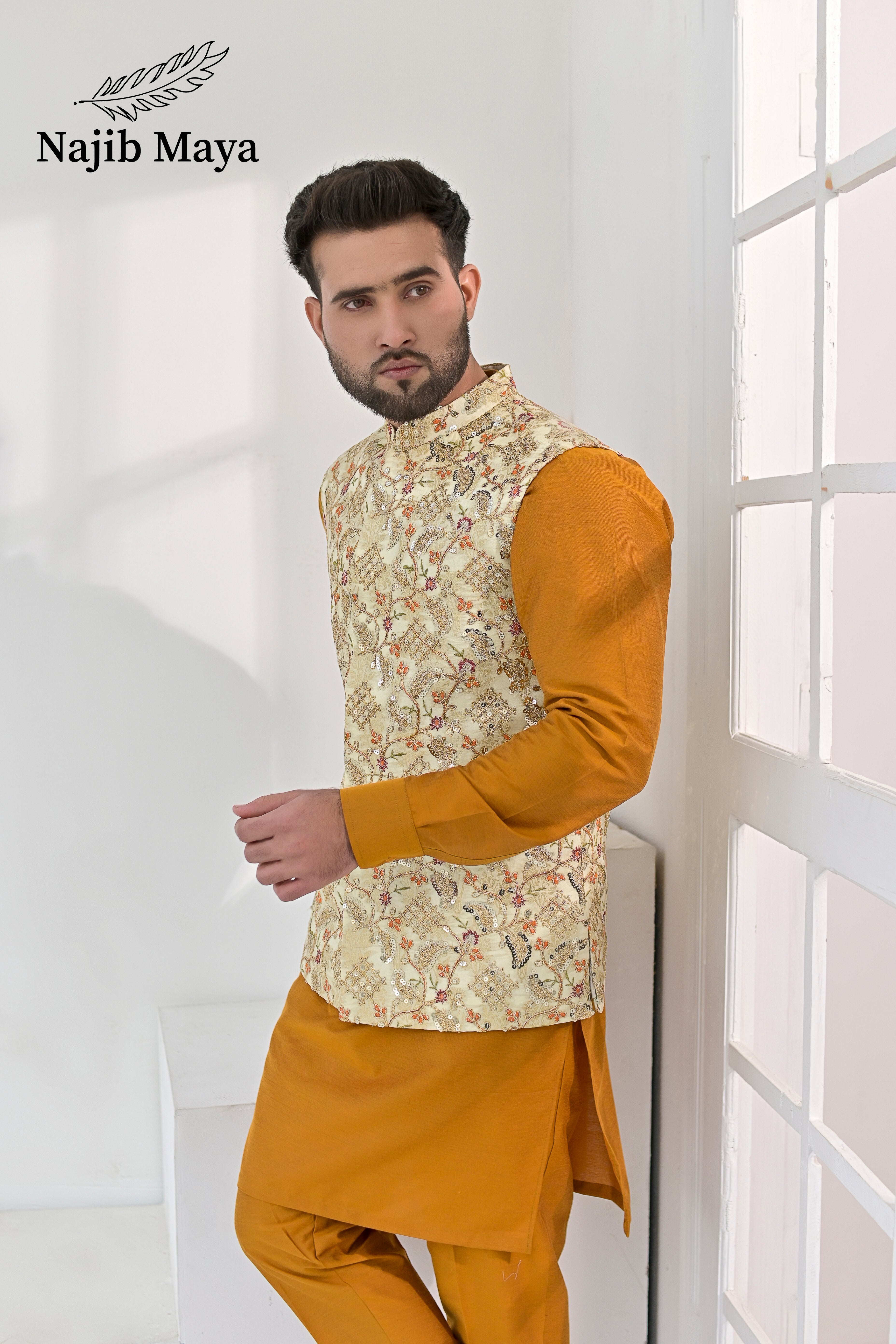Mate Gold Multi Embroidery Waist Coat & Mustard Kurta Pajama For Men's
