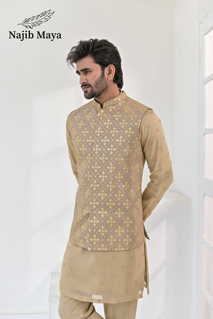 Biege Embroidery Waist Coat & Beige Embroidery Kurta Pajama For Men's