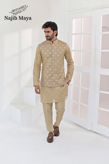 Biege Embroidery Waist Coat & Beige Embroidery Kurta Pajama For Men's