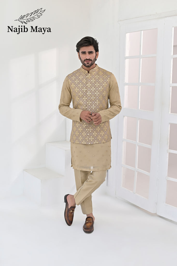 Biege Embroidery Waist Coat & Beige Embroidery Kurta Pajama For Men's