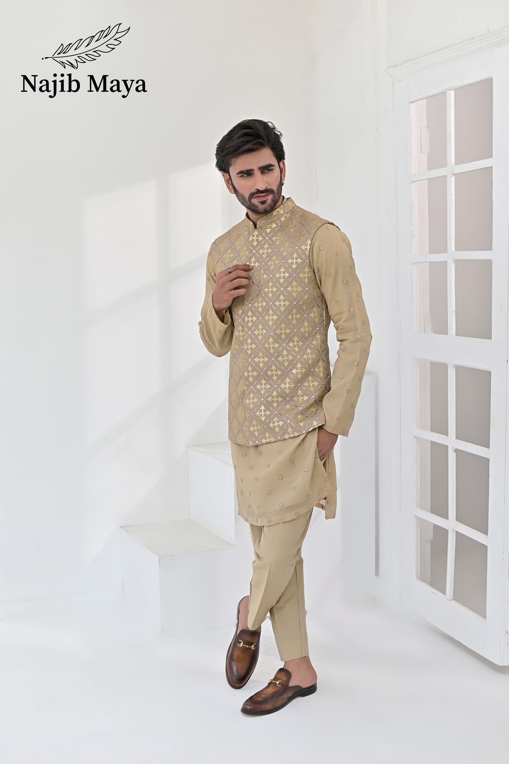 Biege Embroidery Waist Coat & Beige Embroidery Kurta Pajama For Men's