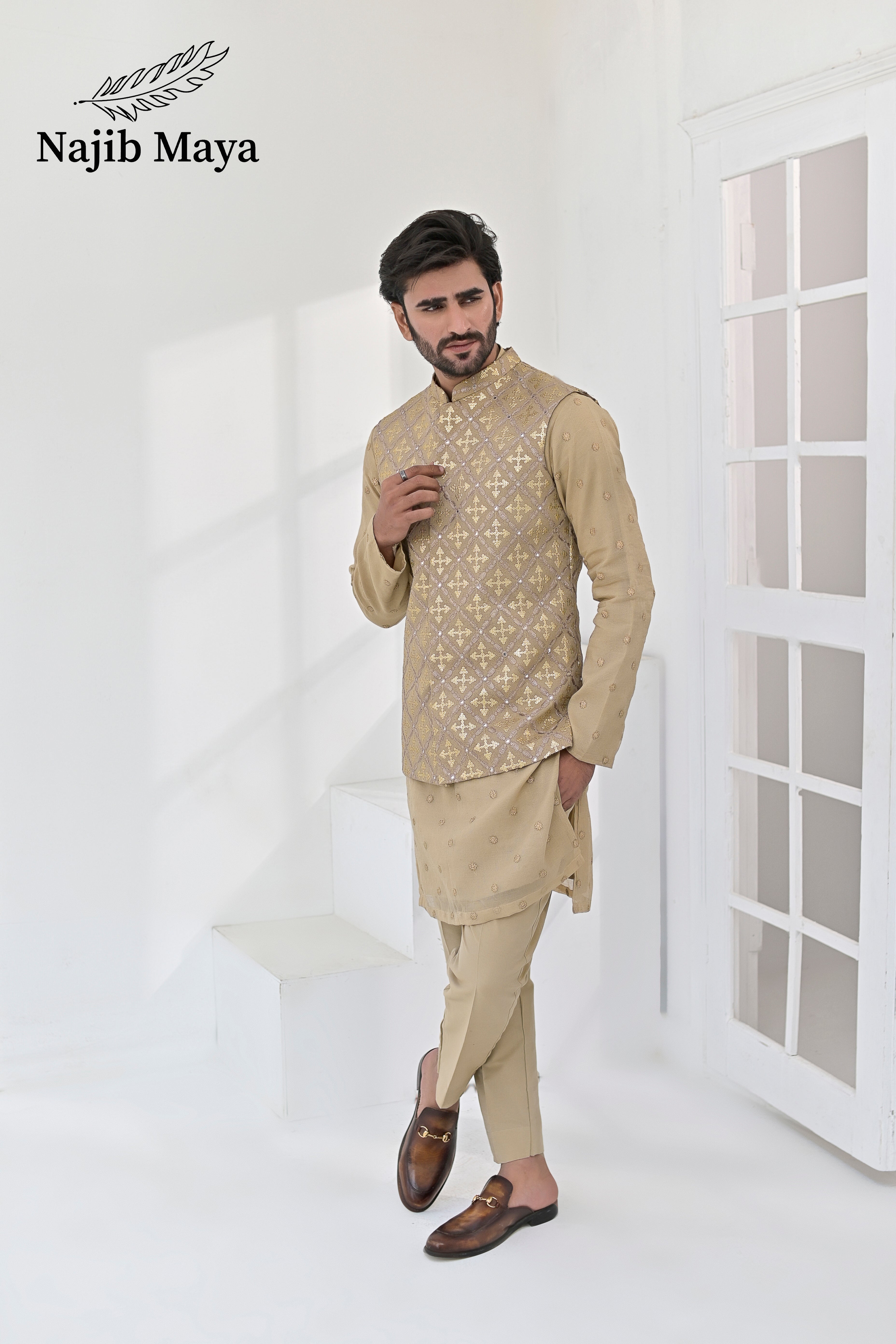 Biege Embroidery Waist Coat & Beige Embroidery Kurta Pajama For Men's
