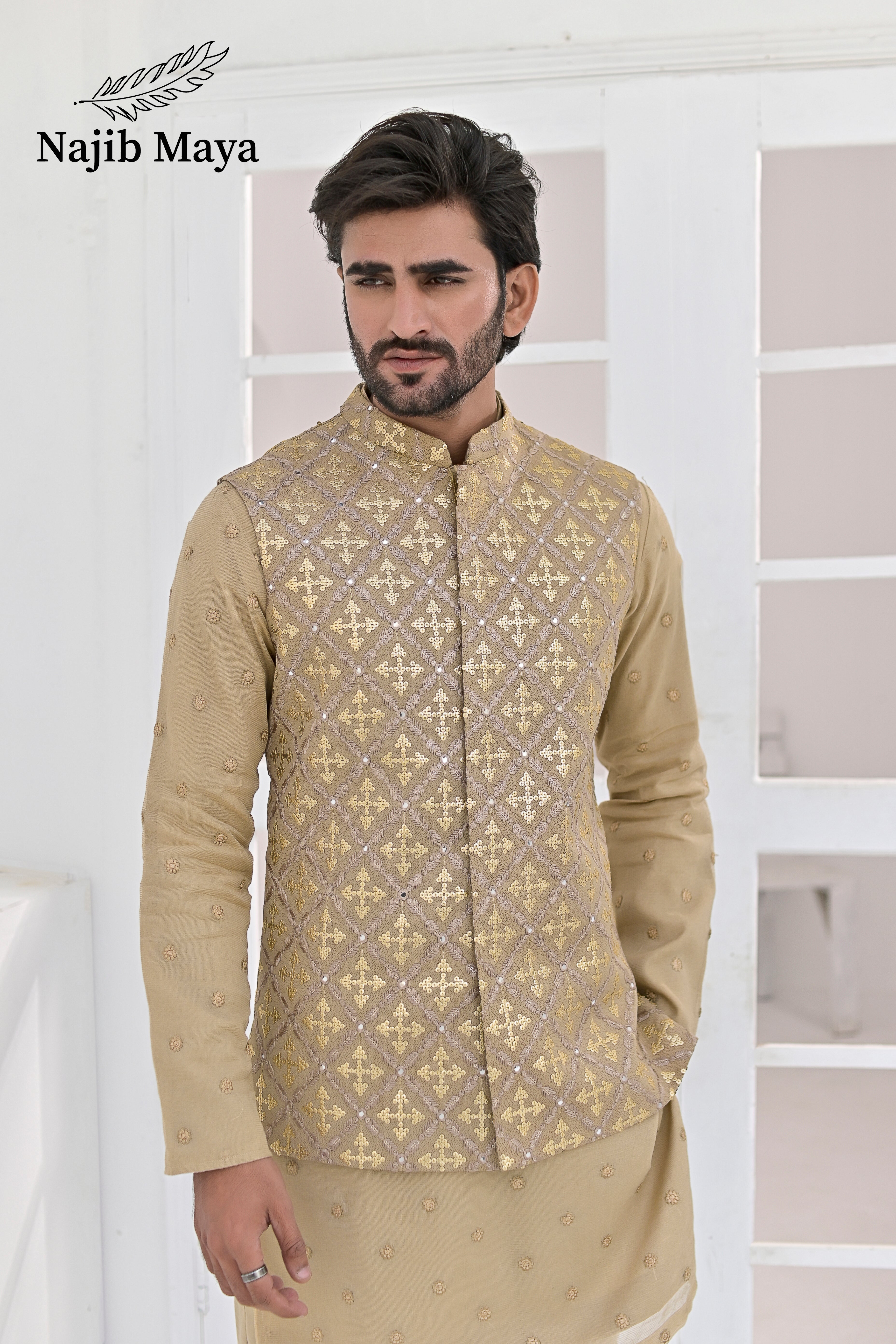 Biege Embroidery Waist Coat & Beige Embroidery Kurta Pajama For Men's Secondary image