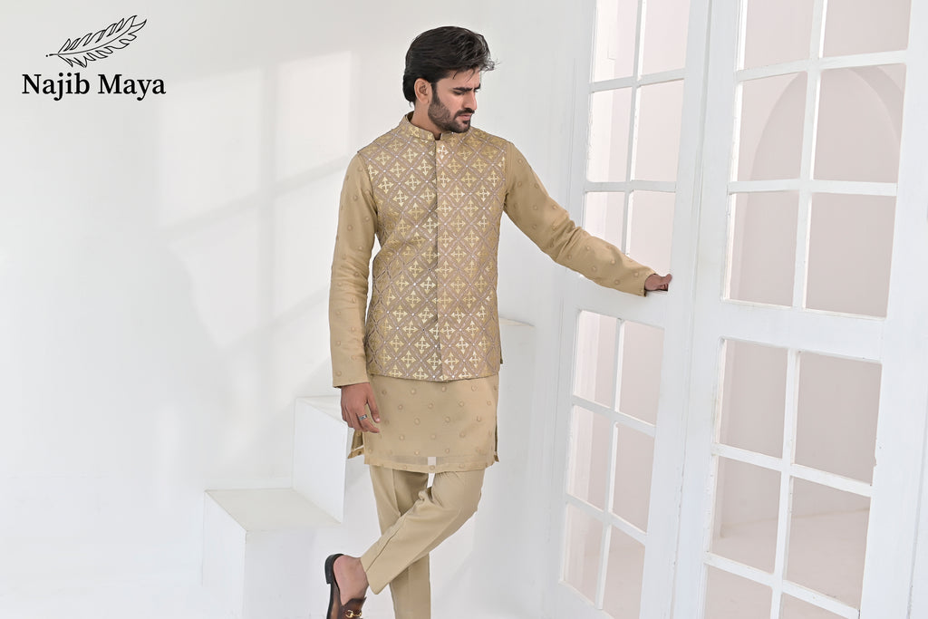 Biege Embroidery Waist Coat & Beige Embroidery Kurta Pajama For Men's