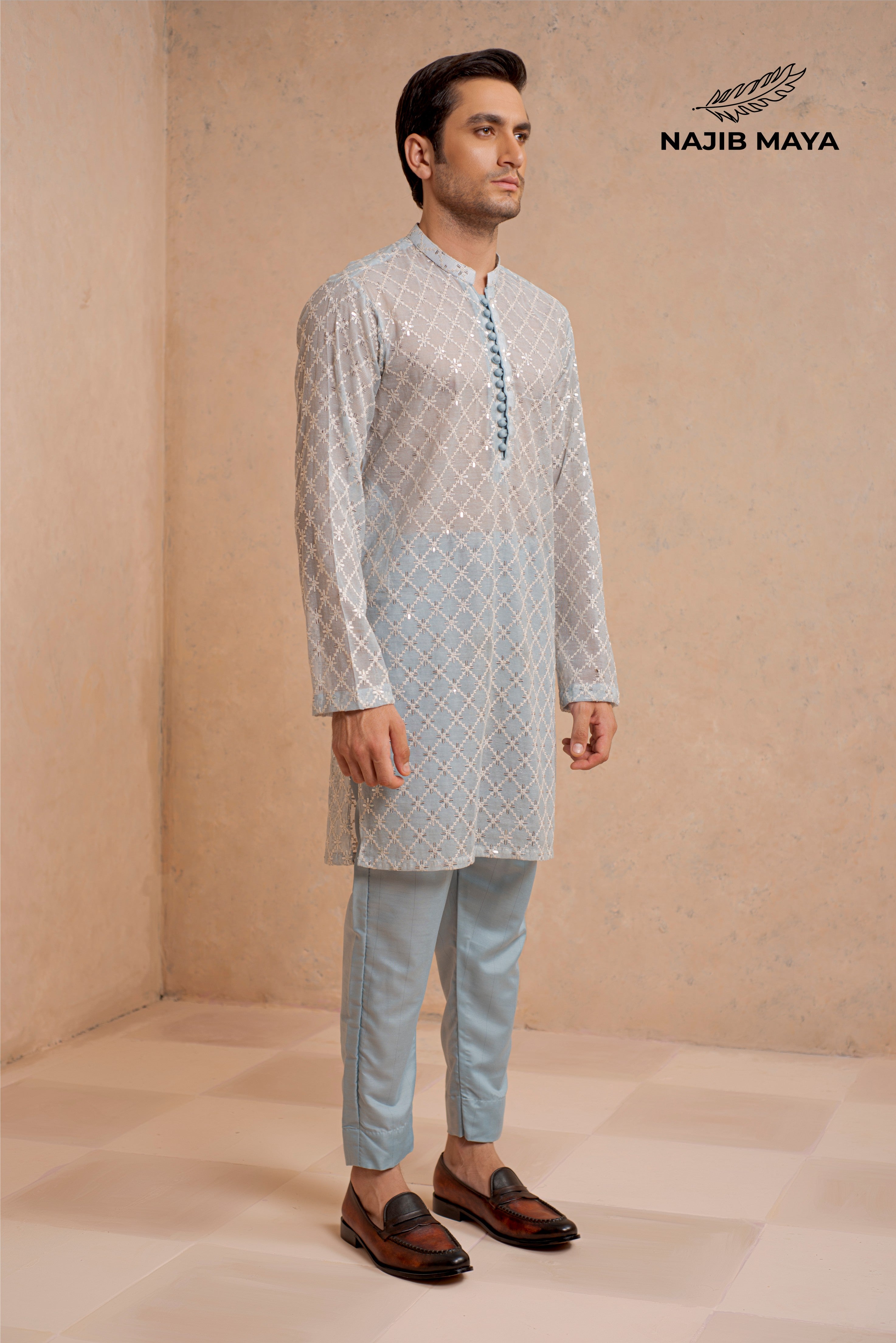 Powder Blue Embroidery Kurta Pajama For Men's Secondary image