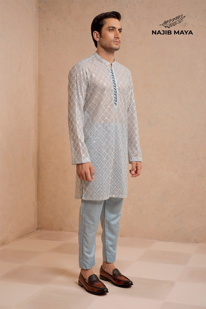 Powder Blue Embroidery Kurta Pajama For Men's