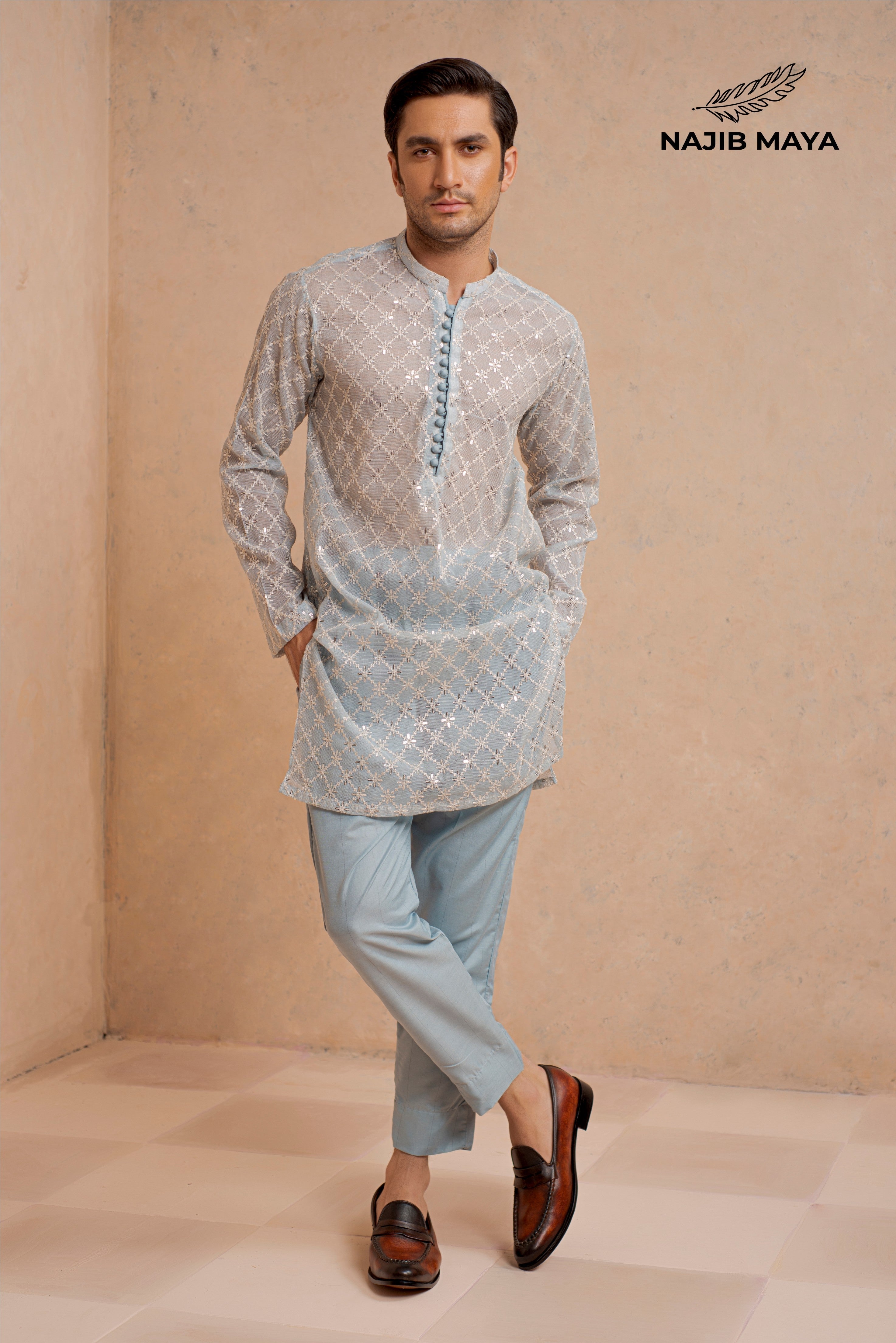 Powder Blue Embroidery Kurta Pajama For Men's Main image