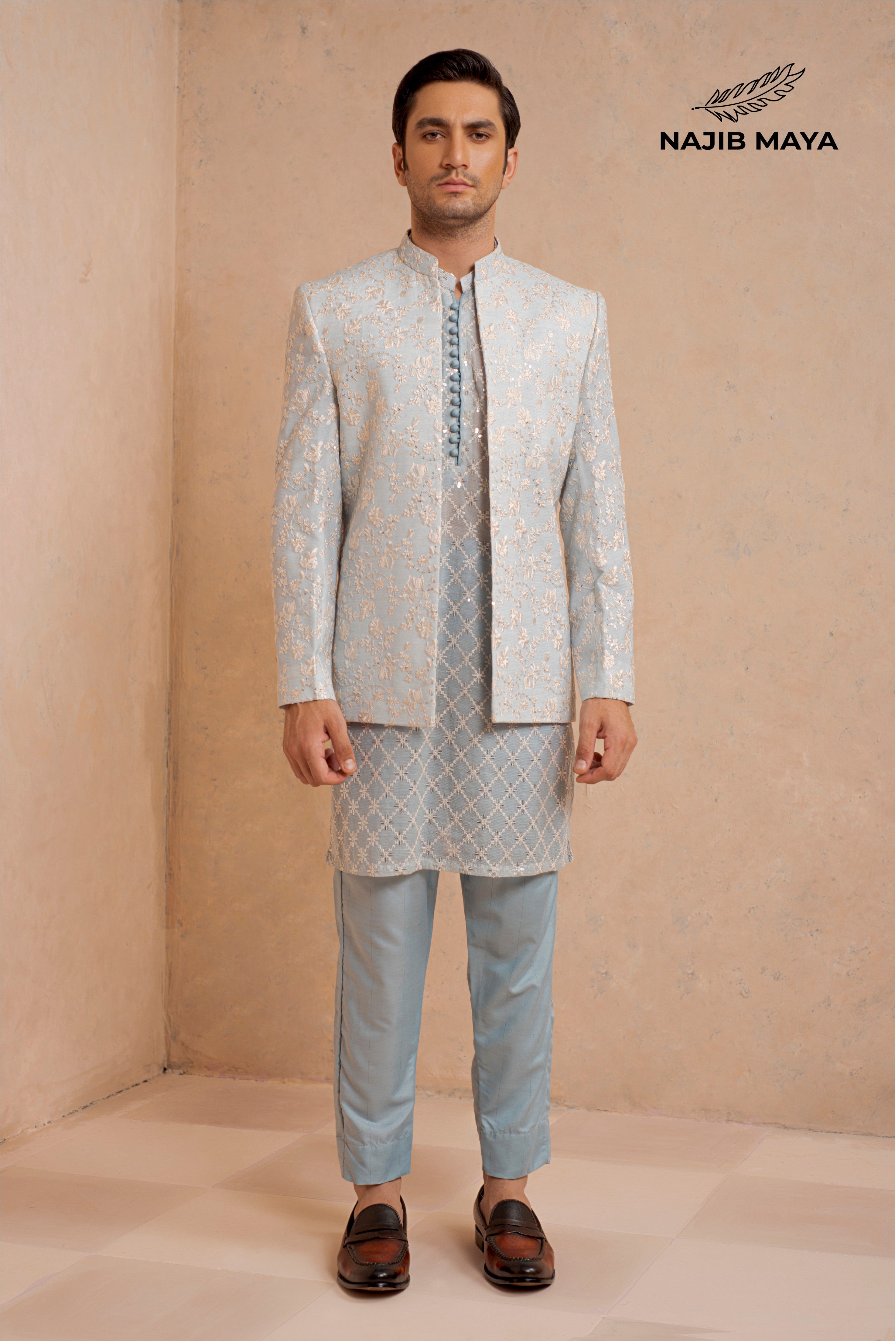 Powder Blue Embroidery Prince Coat + Powder Blue Embroidery Kurta Pajama For Men's Main image