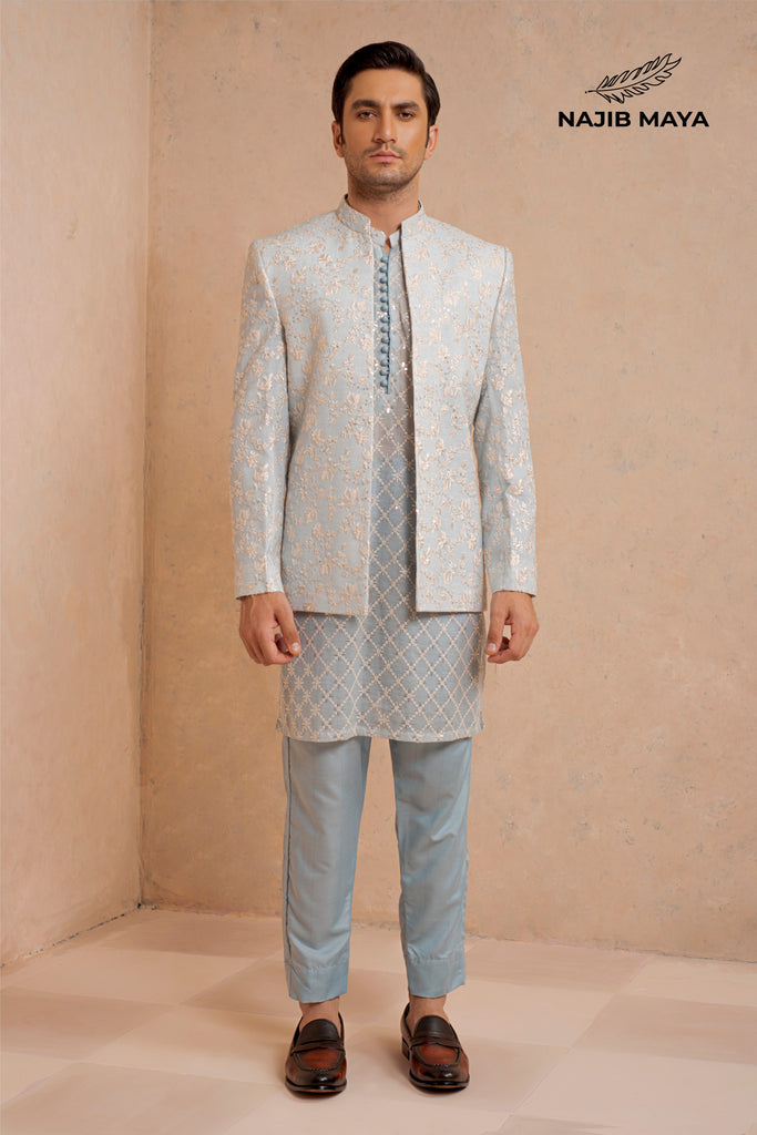 Powder Blue Embroidery Prince Coat + Powder Blue Embroidery Kurta Pajama For Men's