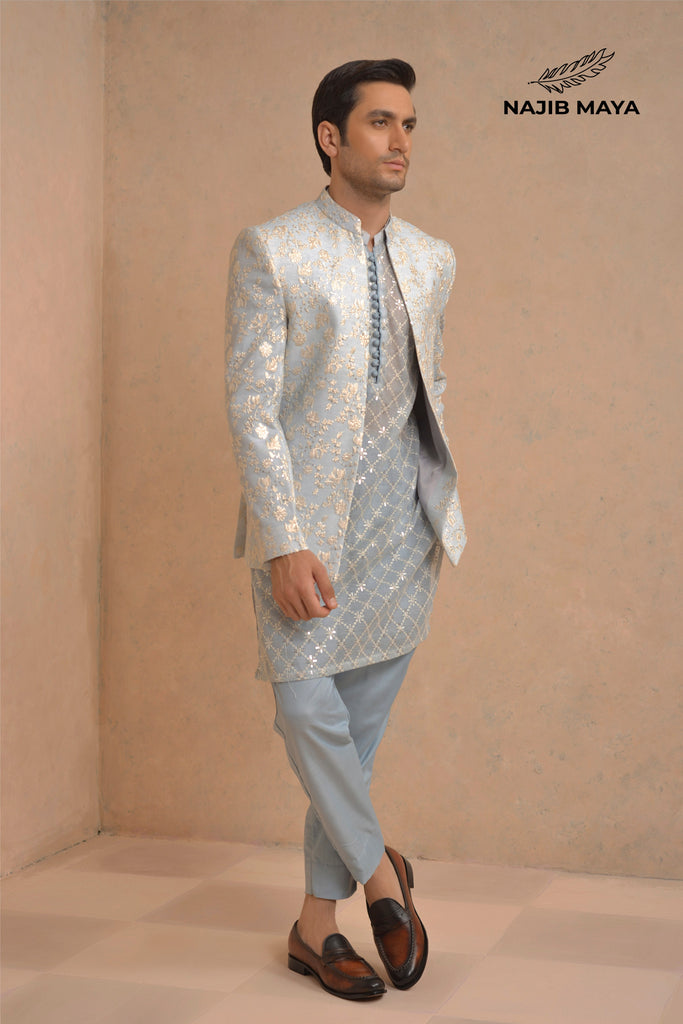 Powder Blue Embroidery Prince Coat + Powder Blue Embroidery Kurta Pajama For Men's