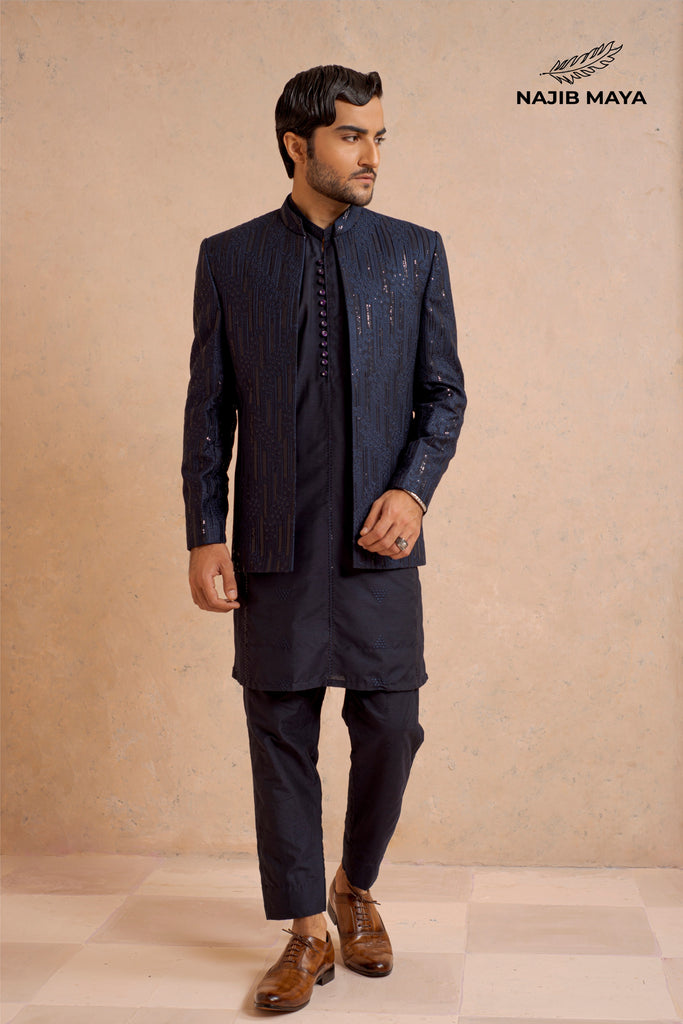 Navy Blue Sequence Prince Coat + Navy Blue Embroidery Kurta Pajama For Men's