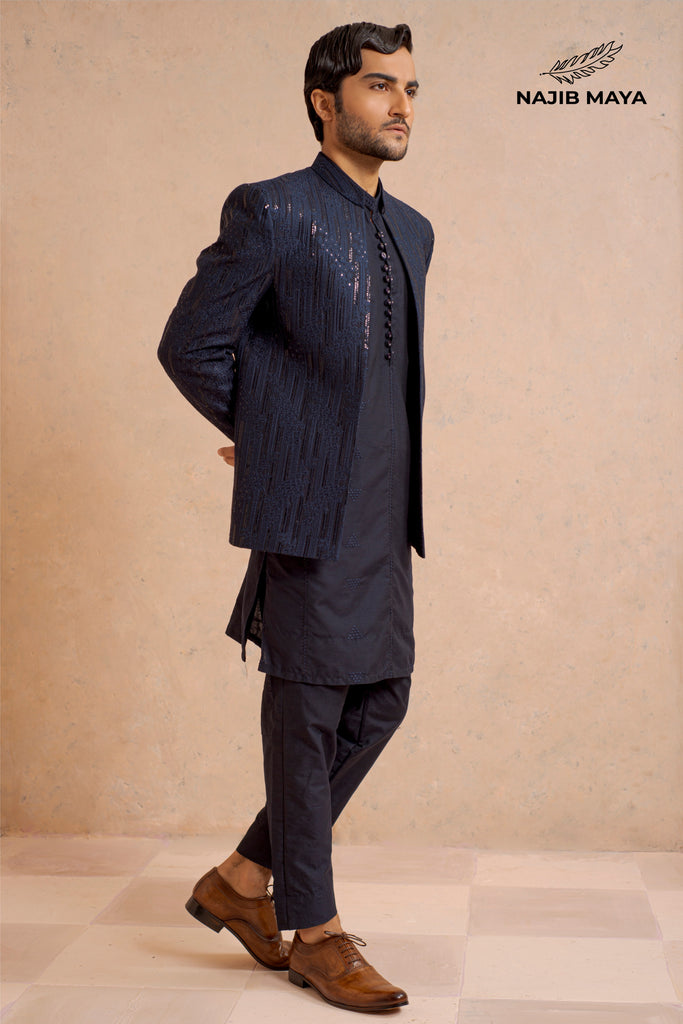 Navy Blue Sequence Prince Coat + Navy Blue Embroidery Kurta Pajama For Men's