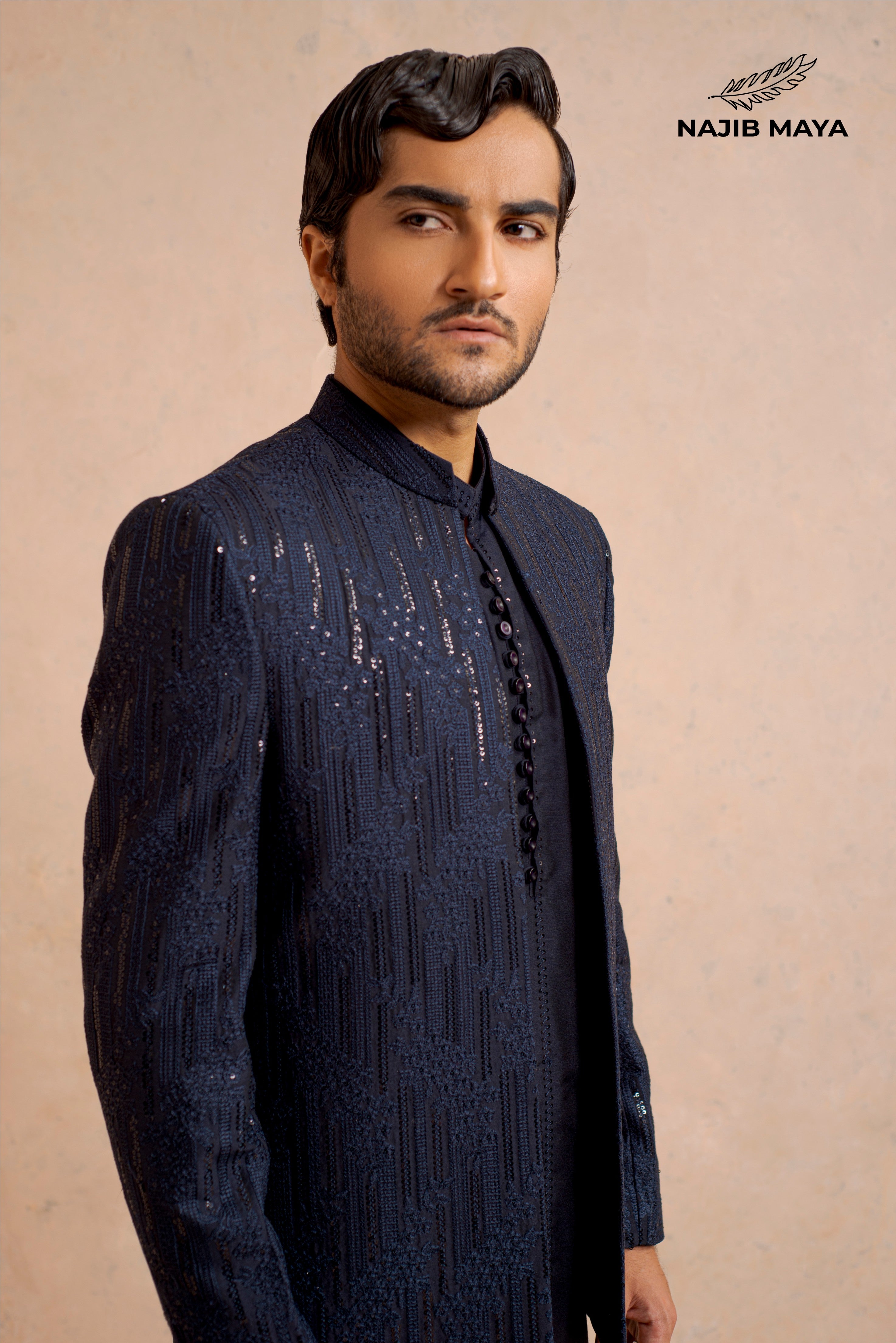 Navy Blue Sequence Prince Coat + Navy Blue Embroidery Kurta Pajama For Men's