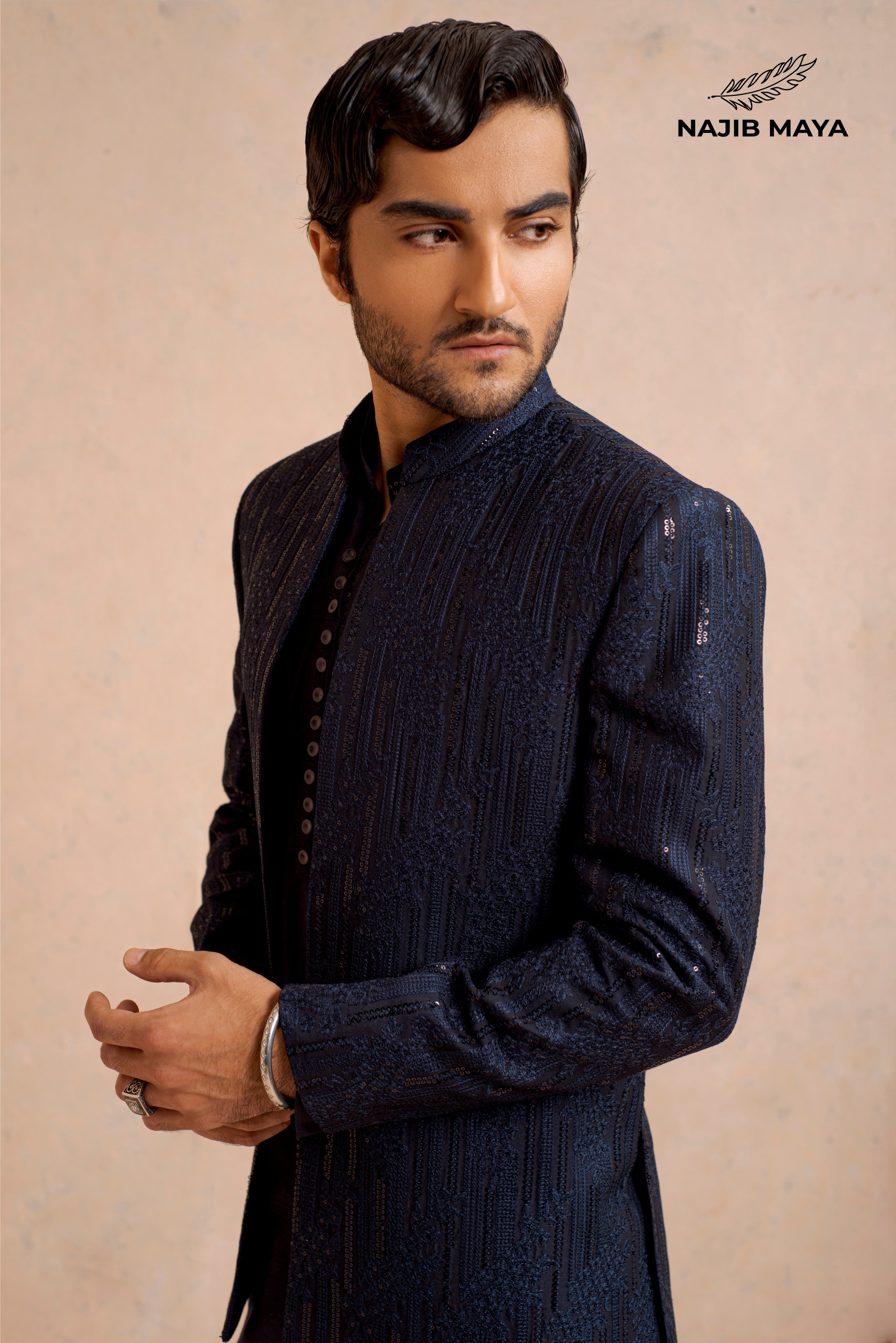 Navy Blue Sequence Prince Coat + Navy Blue Embroidery Kurta Pajama For Men's