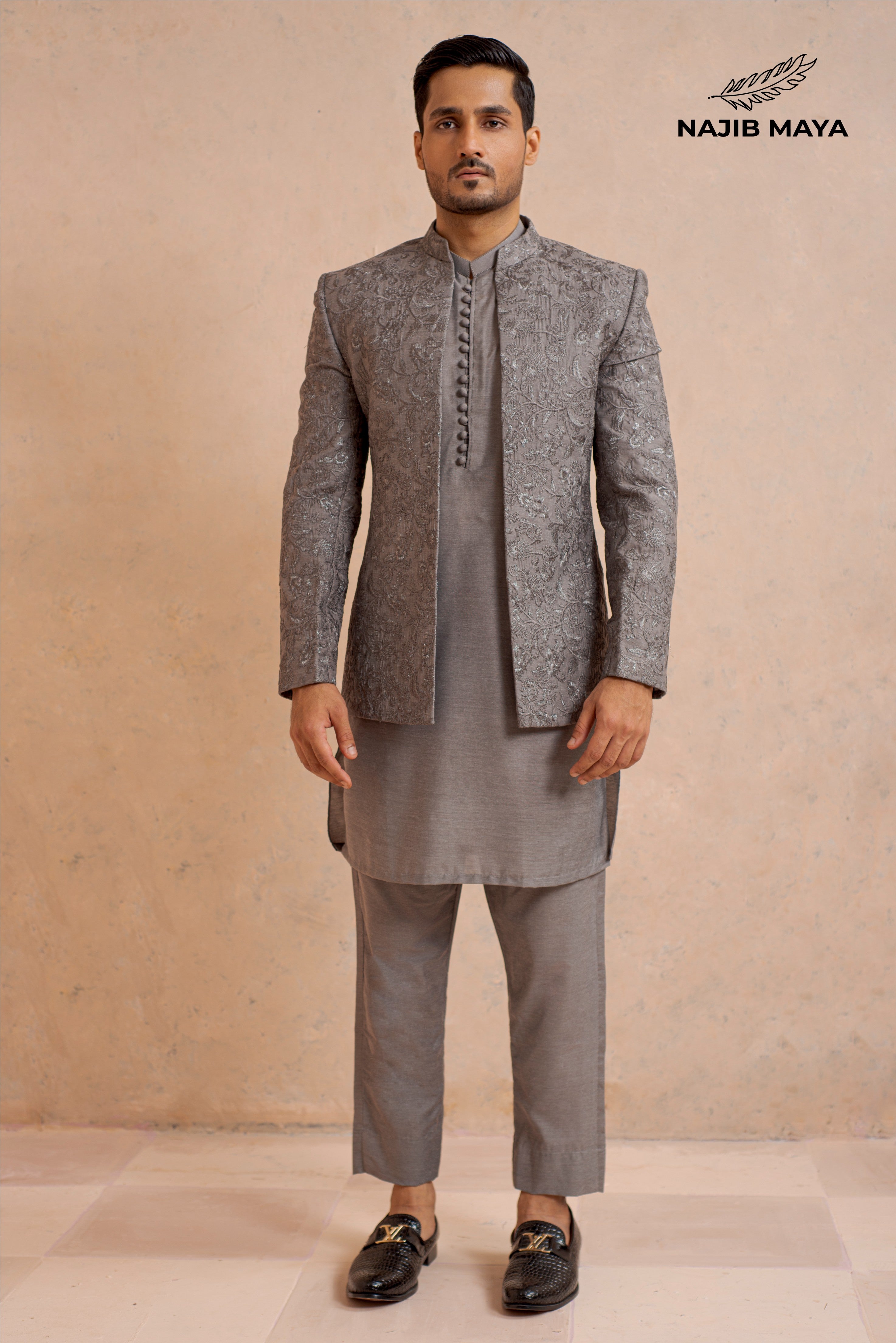 Classic Grey Prince Coat + Grey Kurta Pajama For Men's Main image