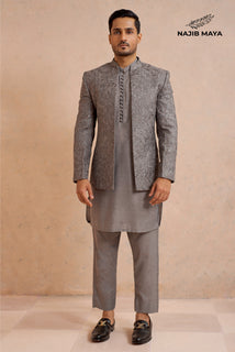 Classic Grey Prince Coat + Grey Kurta Pajama For Men's