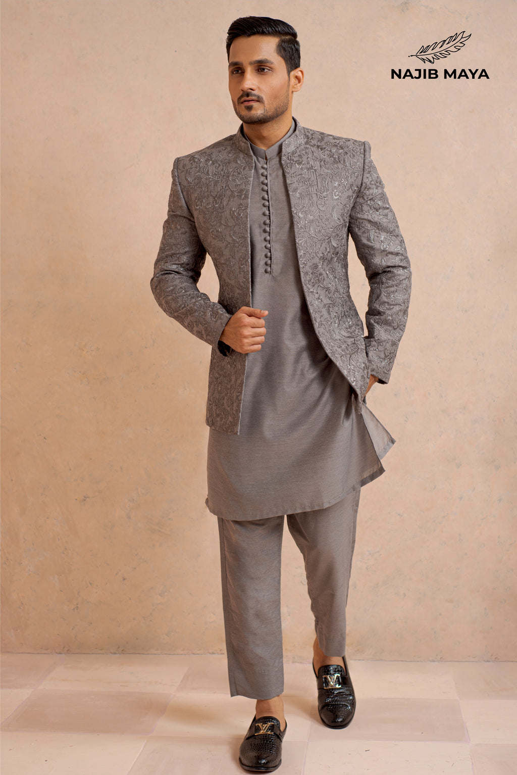 Classic Grey Prince Coat + Grey Kurta Pajama For Men's
