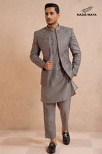 Classic Grey Prince Coat + Grey Kurta Pajama For Men's