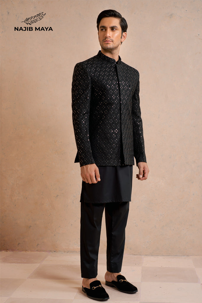 Black Sequence Prince Coat + Black Kurta Pajama For Men's
